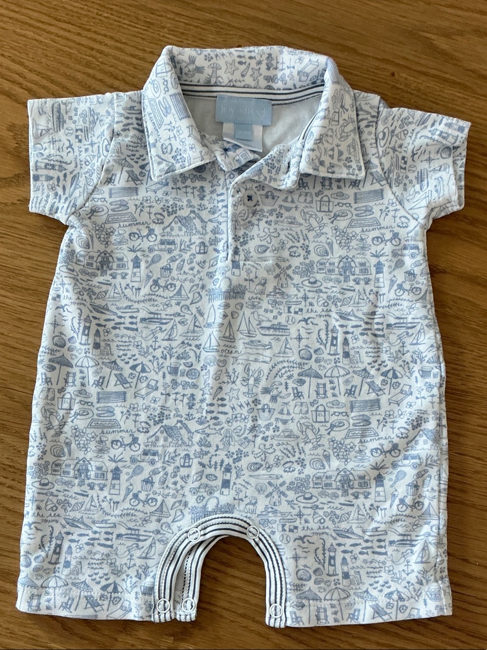 Short-Sleeve Polo One-Piece Bodysuit in Light Blue Nautical Doodle